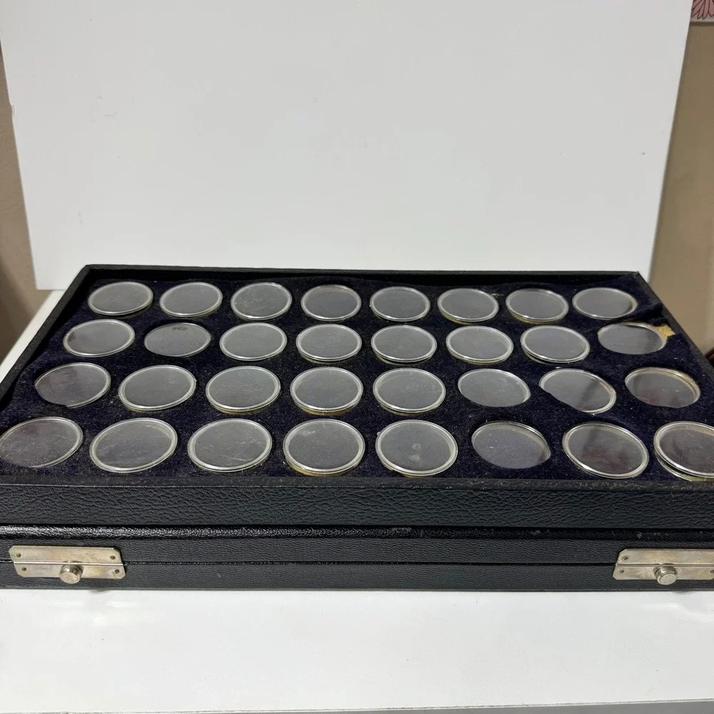 Gemstone Display Case 32 Jar Black Faux Leather Jewelry Storage Tray Box